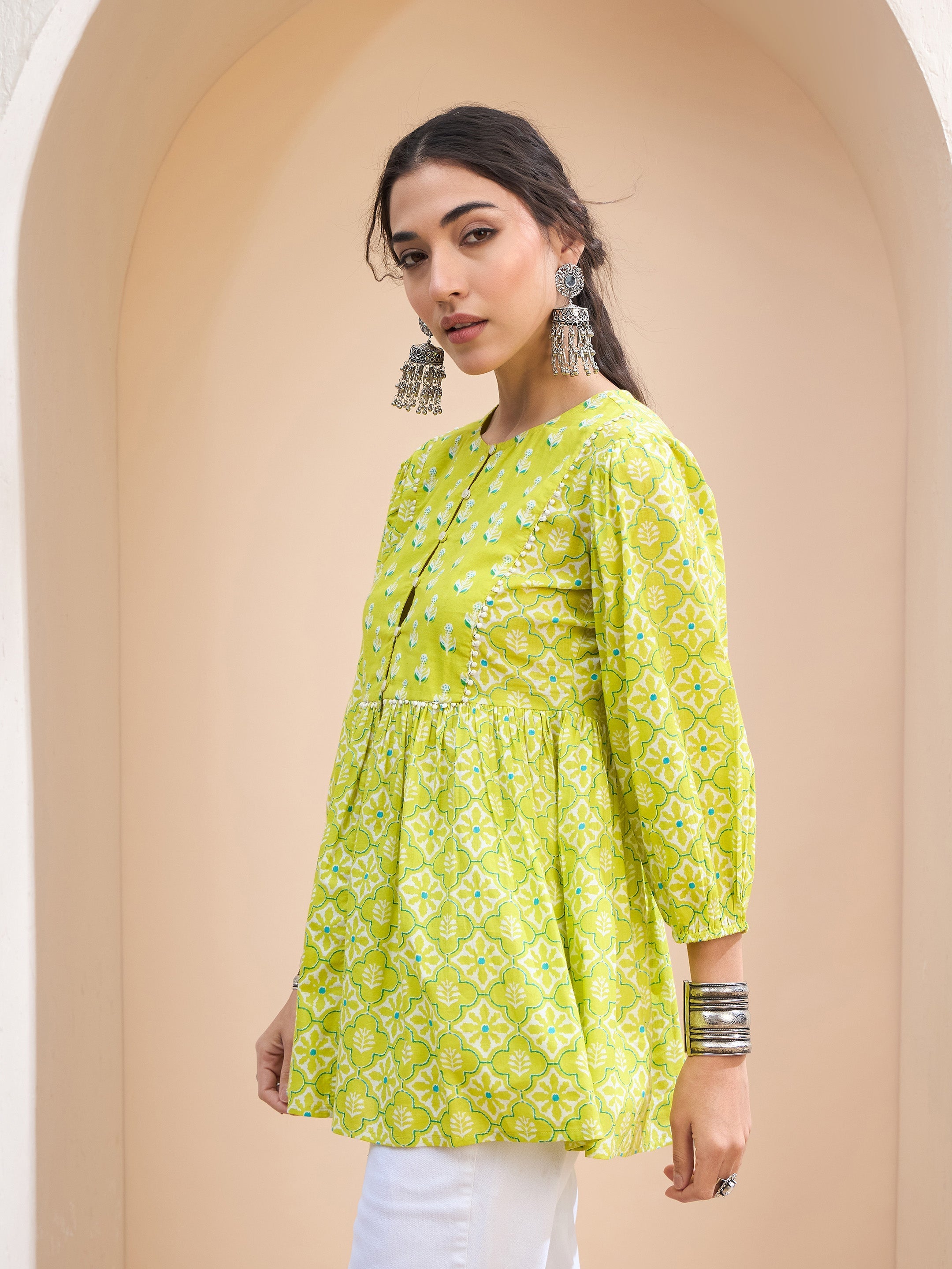 Women Lime Green Floral Buttonned Lace Neck Gathered Kurti-SHTOP42230