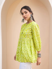Women Lime Green Floral Buttonned Lace Neck Gathered Kurti-SHTOP42230