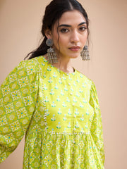 Women Lime Green Floral Buttonned Lace Neck Gathered Kurti-SHTOP42230