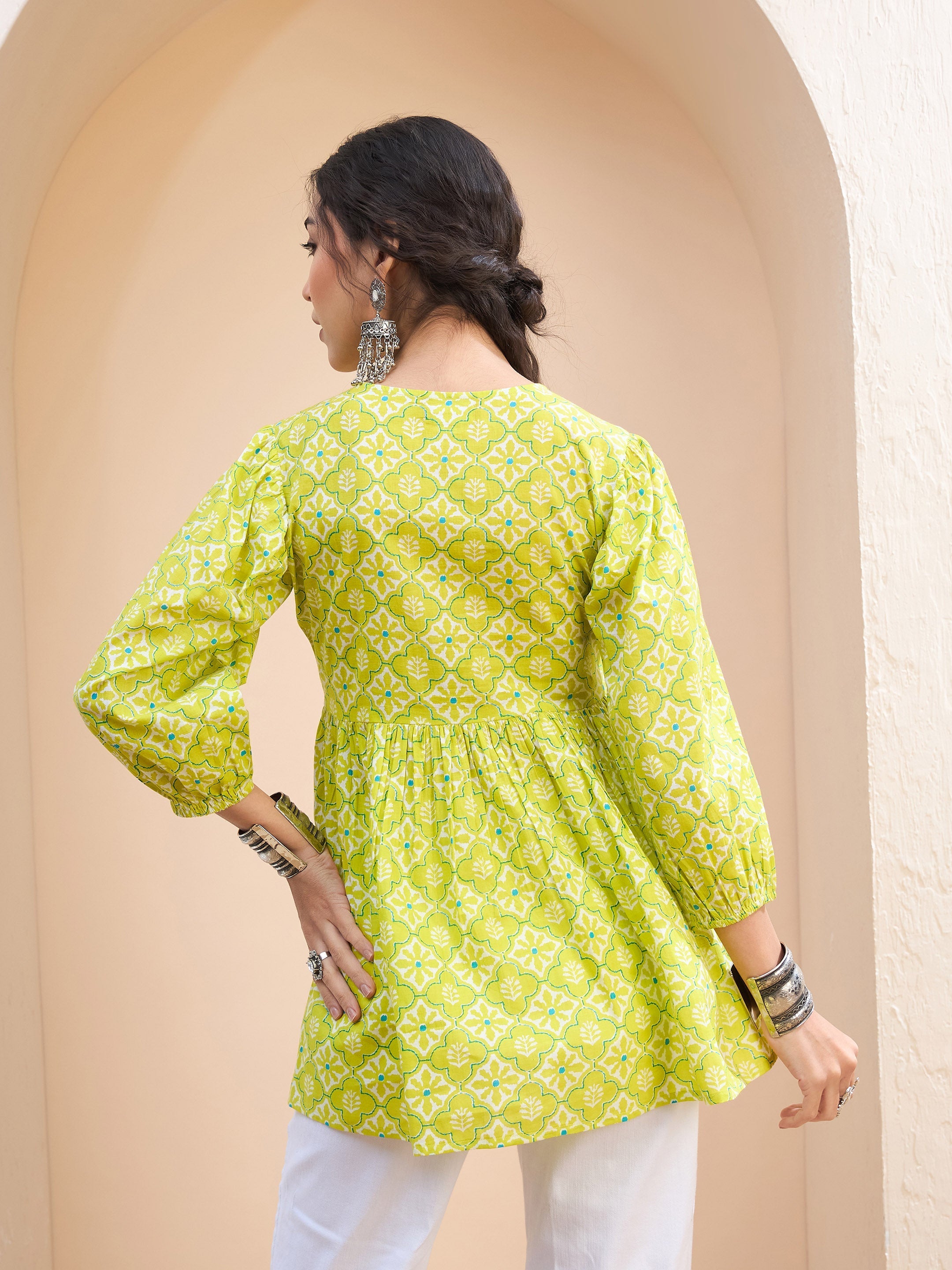 Women Lime Green Floral Buttonned Lace Neck Gathered Kurti-SHTOP42230