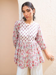 Women White Floral Buttonned Lace Neck Gathered Kurti-SHTOP42231