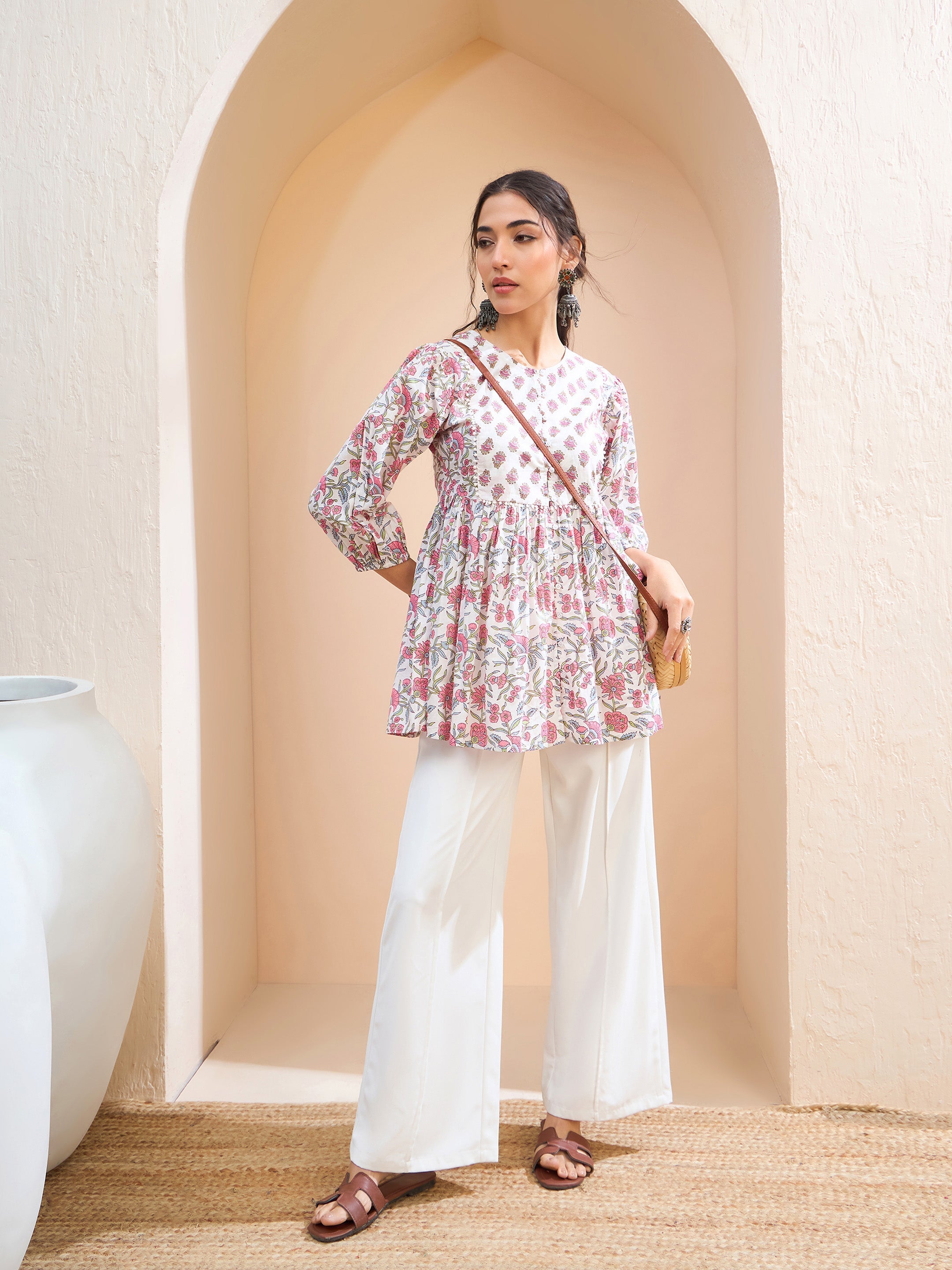 Women White Floral Buttonned Lace Neck Gathered Kurti-SHTOP42231