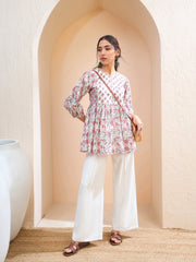 Women White Floral Buttonned Lace Neck Gathered Kurti-SHTOP42231