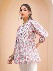 Women White Floral Buttonned Lace Neck Gathered Kurti-SHTOP42231