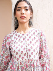 Women White Floral Buttonned Lace Neck Gathered Kurti-SHTOP42231
