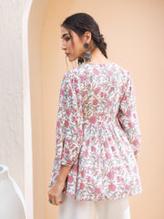 Women White Floral Buttonned Lace Neck Gathered Kurti-SHTOP42231