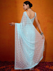 Women's Georgette Light Blue Embellished Designer Saree With Blouse Piece-SIMMER1001