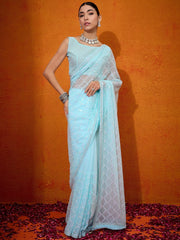 Women's Georgette Light Blue Embellished Designer Saree With Blouse Piece-SIMMER1001