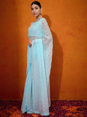 Women's Georgette Light Blue Embellished Designer Saree With Blouse Piece-SIMMER1001