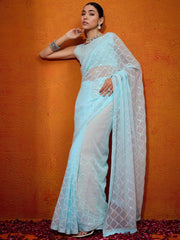 Women's Georgette Light Blue Embellished Designer Saree With Blouse Piece-SIMMER1001