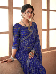 Women's Chiffon Blue Embellished Designer Saree With Blouse Piece-SIMYA25803C