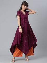 Burgundy Glitter Print Kimono Style Kurta With Palazzo-AHKUPZ-COMBO-346