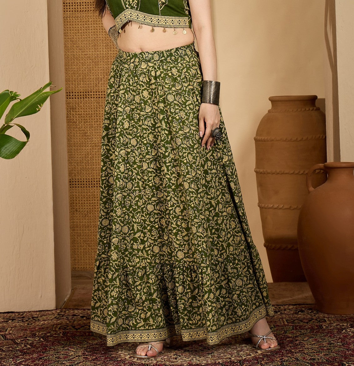 Stylum Women's Green Ethnic Printed Tiered Cotton Skirt (SKGREENSARGAM)