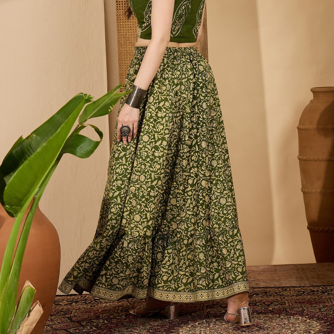 Stylum Women's Green Ethnic Printed Tiered Cotton Skirt (SKGREENSARGAM)