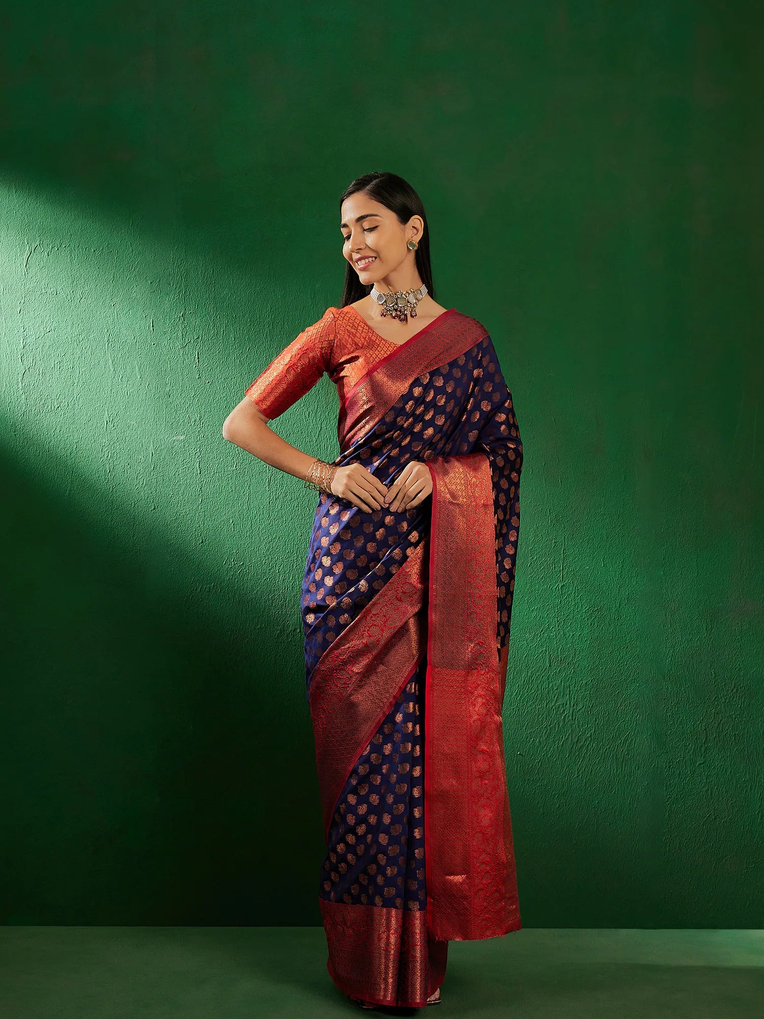 Navy Blue Designer Sarees India | Polyester Woven Sari