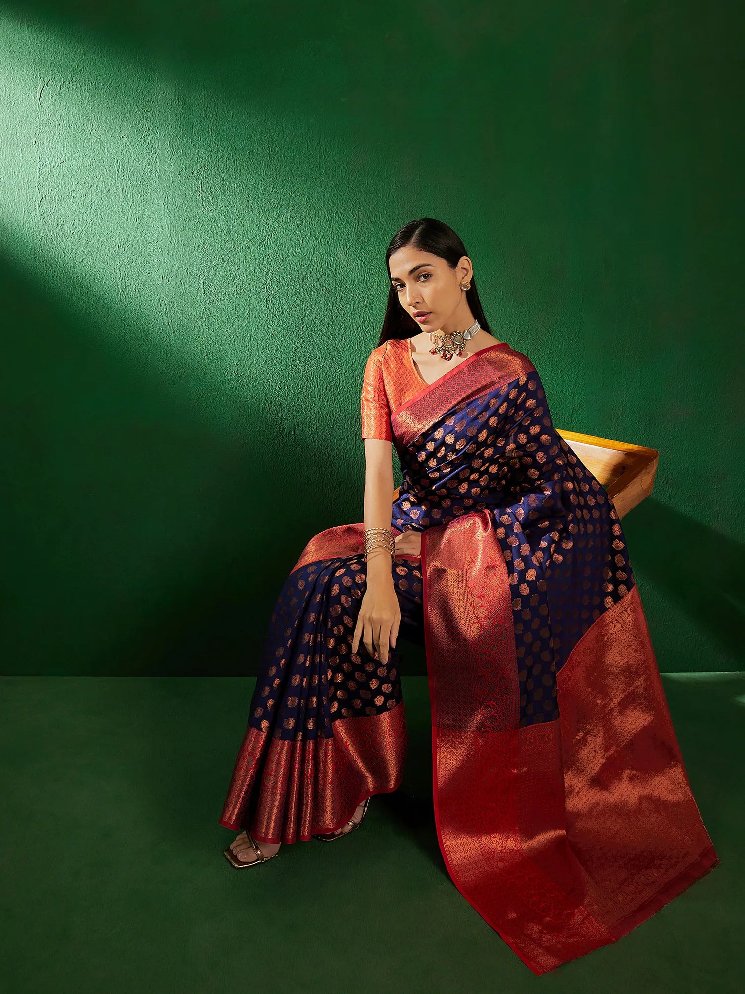 Navy Blue Designer Sarees India | Polyester Woven Sari