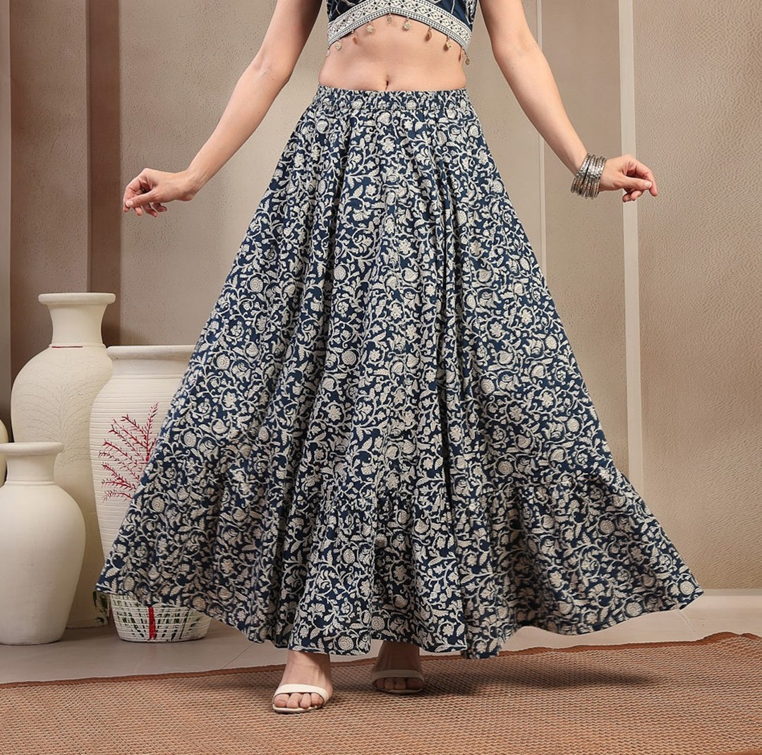 Women's Indigo Ethnic Printed Tiered Cotton Skirt (SKINDIGOSARGAM) | D