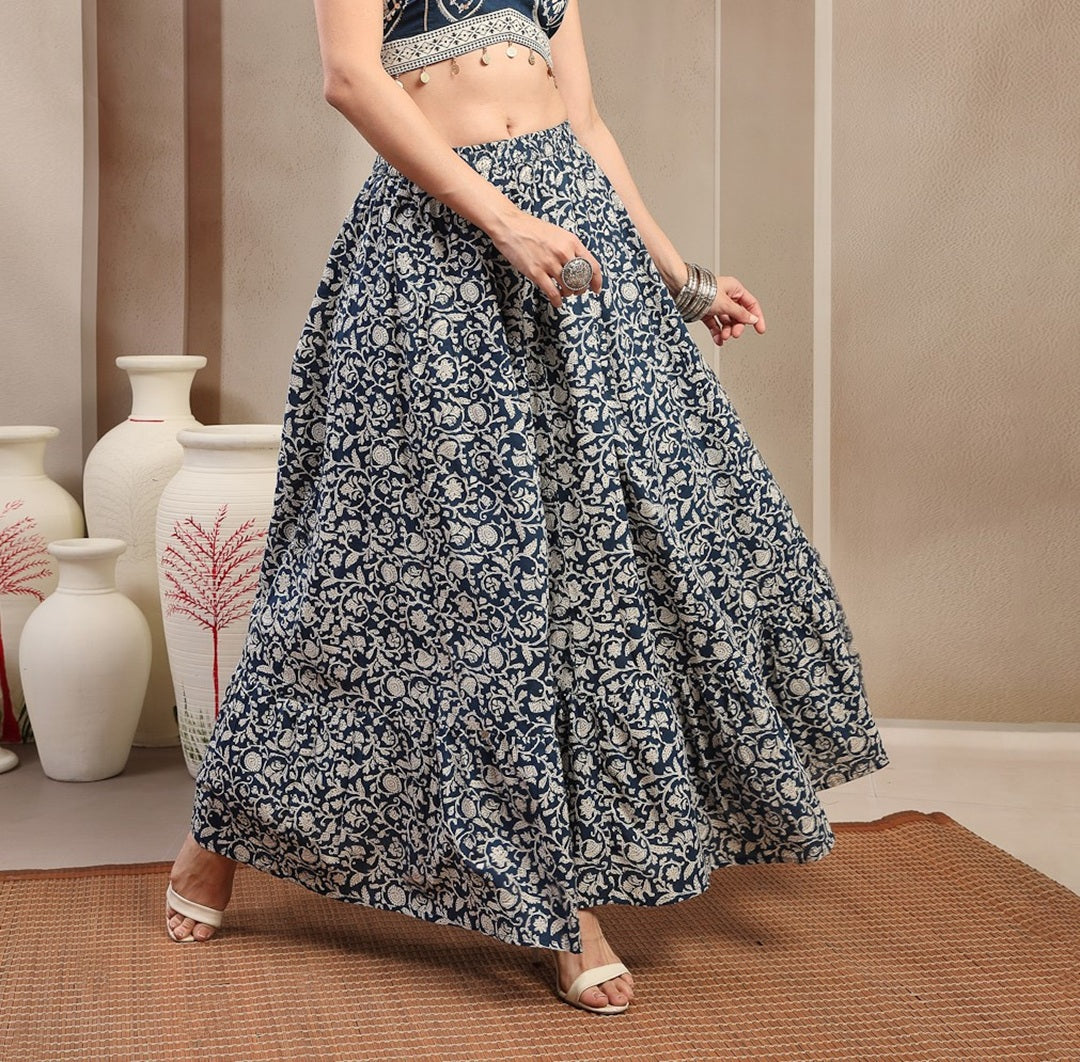 Women's Indigo Ethnic Printed Tiered Cotton Skirt (SKINDIGOSARGAM) | D