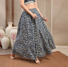 Stylum Women's Indigo Ethnic Printed Tiered Cotton Skirt (SKINDIGOSARGAM)