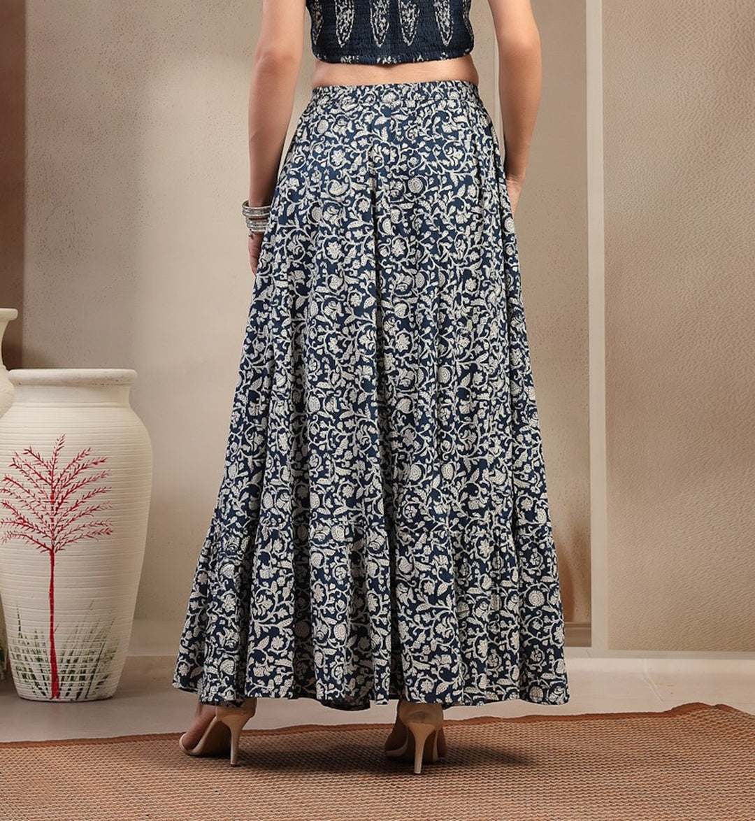 Women's Indigo Ethnic Printed Tiered Cotton Skirt (SKINDIGOSARGAM) | D