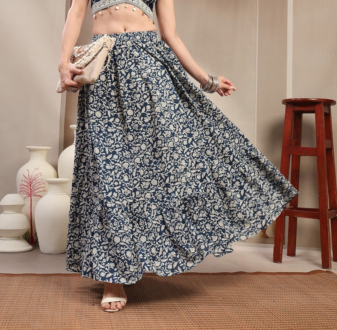 Women's Indigo Ethnic Printed Tiered Cotton Skirt (SKINDIGOSARGAM) | D