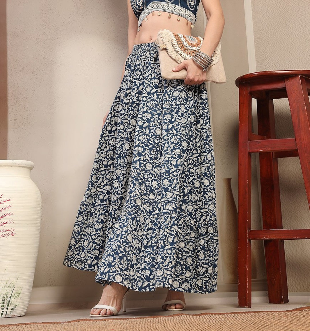 Women's Indigo Ethnic Printed Tiered Cotton Skirt (SKINDIGOSARGAM) | D