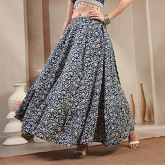 Stylum Women's Indigo Ethnic Printed Tiered Cotton Skirt (SKINDIGOSARGAM)
