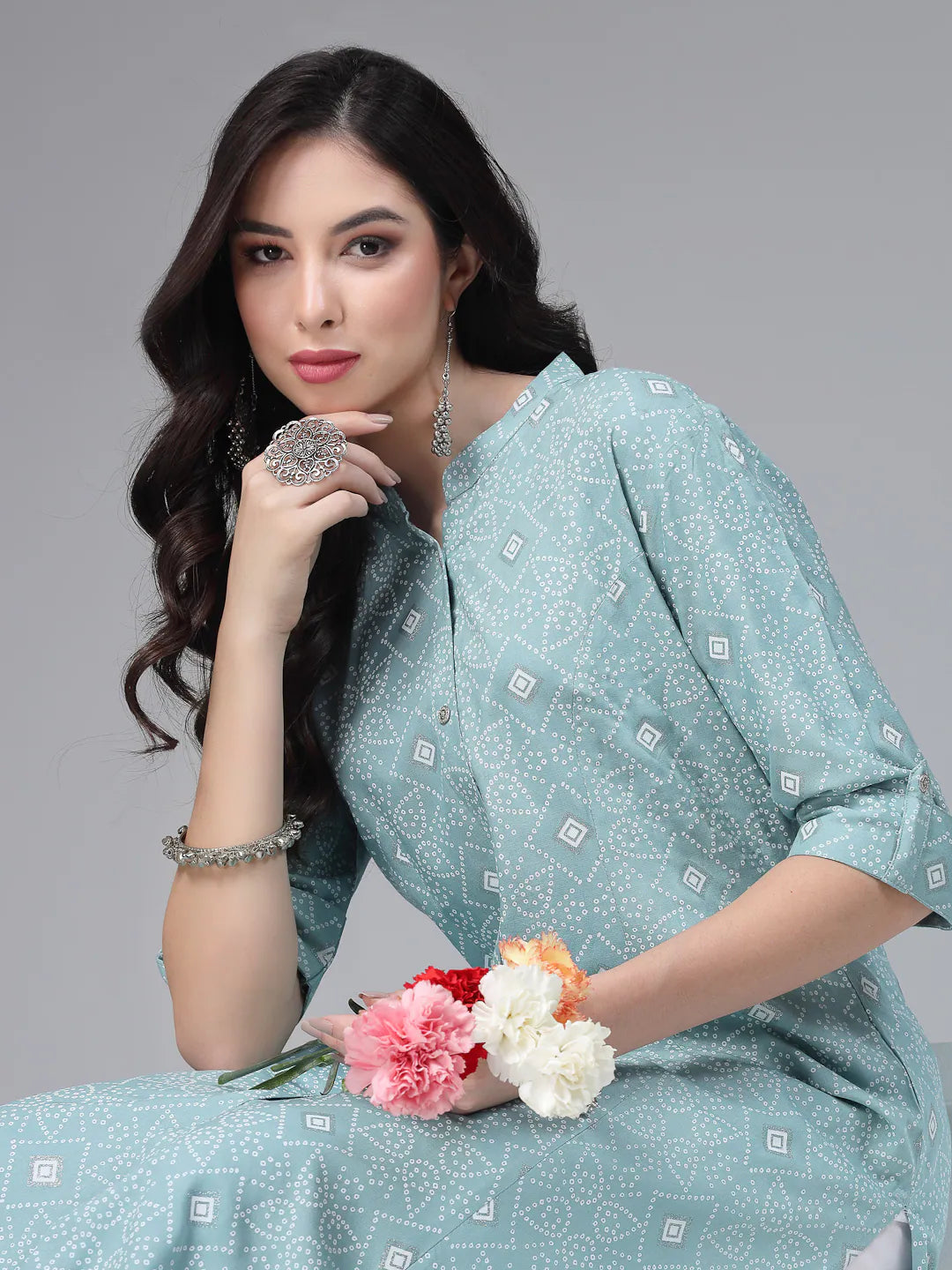 Printed A-Line Kurta - Aqua Rayon Indian Kurtis for Women