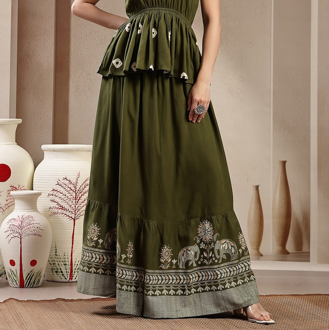 Stylum Women's Green Animal & Floral Printed Tiered Rayon Skirt (SKOLIVEJONES)