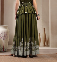 Stylum Women's Green Animal & Floral Printed Tiered Rayon Skirt (SKOLIVEJONES)