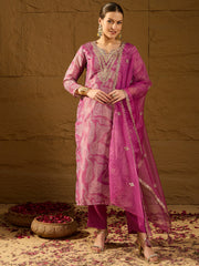Women Purple Silk Blend Abstract Woven Design Straight Kurta Trousers With Dupatta-SKSKD3003