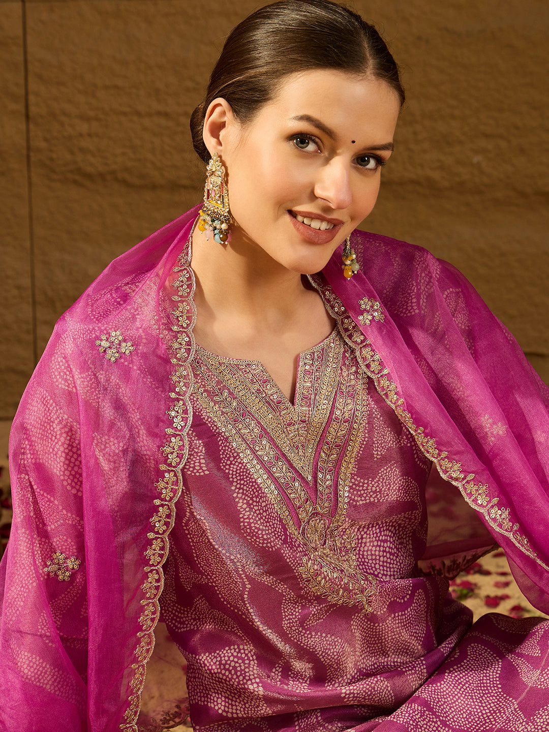 Women Purple Silk Blend Abstract Woven Design Straight Kurta Trousers With Dupatta