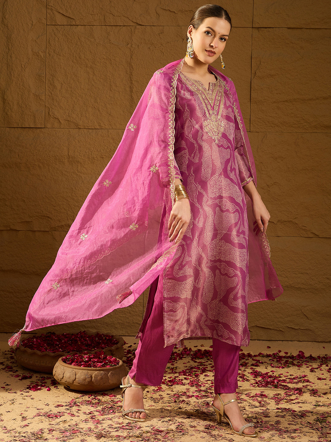 Women Purple Silk Blend Abstract Woven Design Straight Kurta Trousers With Dupatta