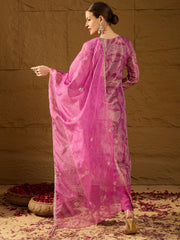 Women Purple Silk Blend Abstract Woven Design Straight Kurta Trousers With Dupatta-SKSKD3003