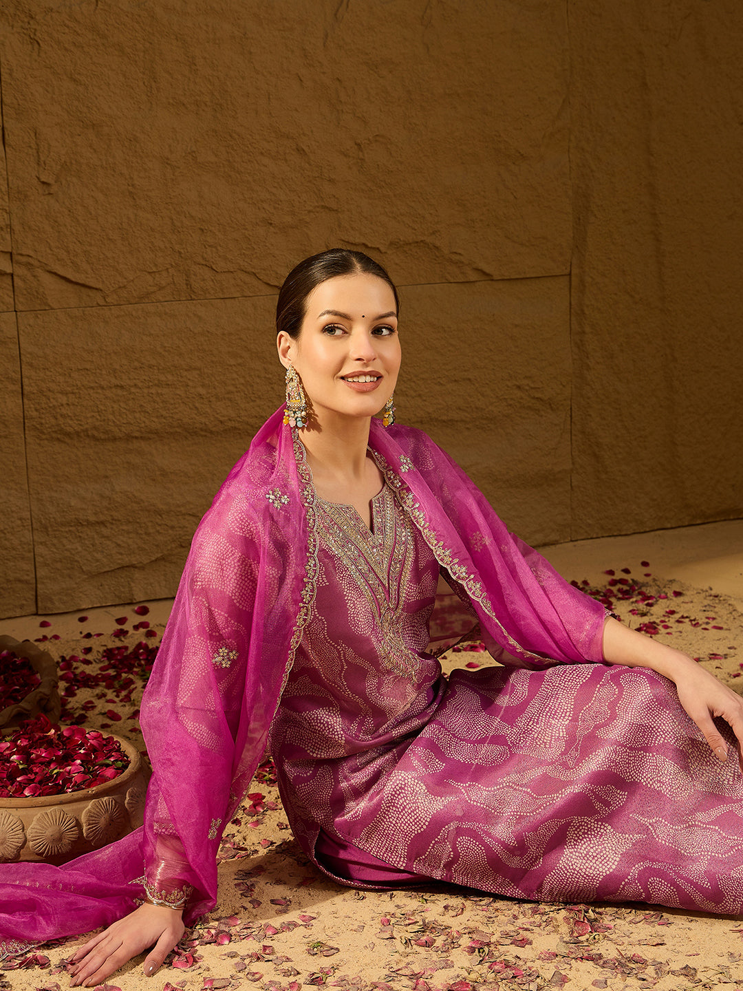 Women Purple Silk Blend Abstract Woven Design Straight Kurta Trousers With Dupatta