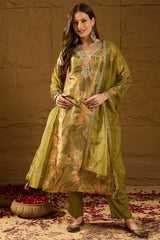 Green Silk Blend Floral Woven Design Straight Kurta Trousers With Dupatta SKSKD3004