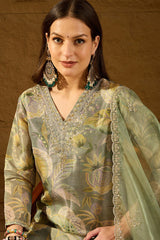 Green Silk Blend Floral Woven Design Straight Kurta Trousers With Dupatta SKSKD3005