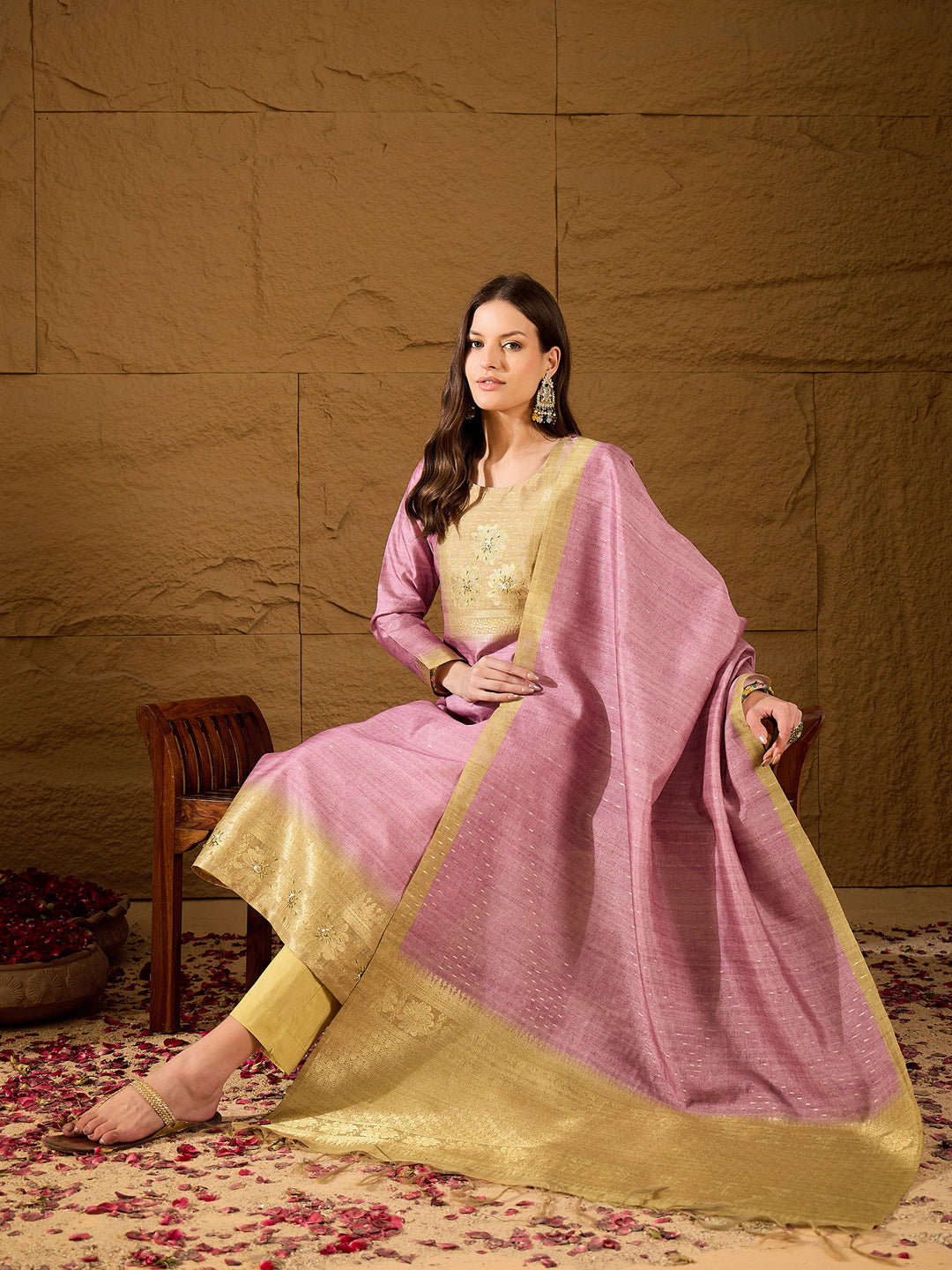 Women Pink Silk Blend Solid Woven Design Straight Kurta Trousers With Dupatta-SKSKD3025