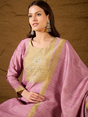 Women Pink Silk Blend Solid Woven Design Straight Kurta Trousers With Dupatta-SKSKD3025