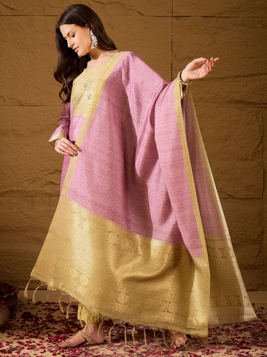 Women Pink Silk Blend Solid Woven Design Straight Kurta Trousers With Dupatta