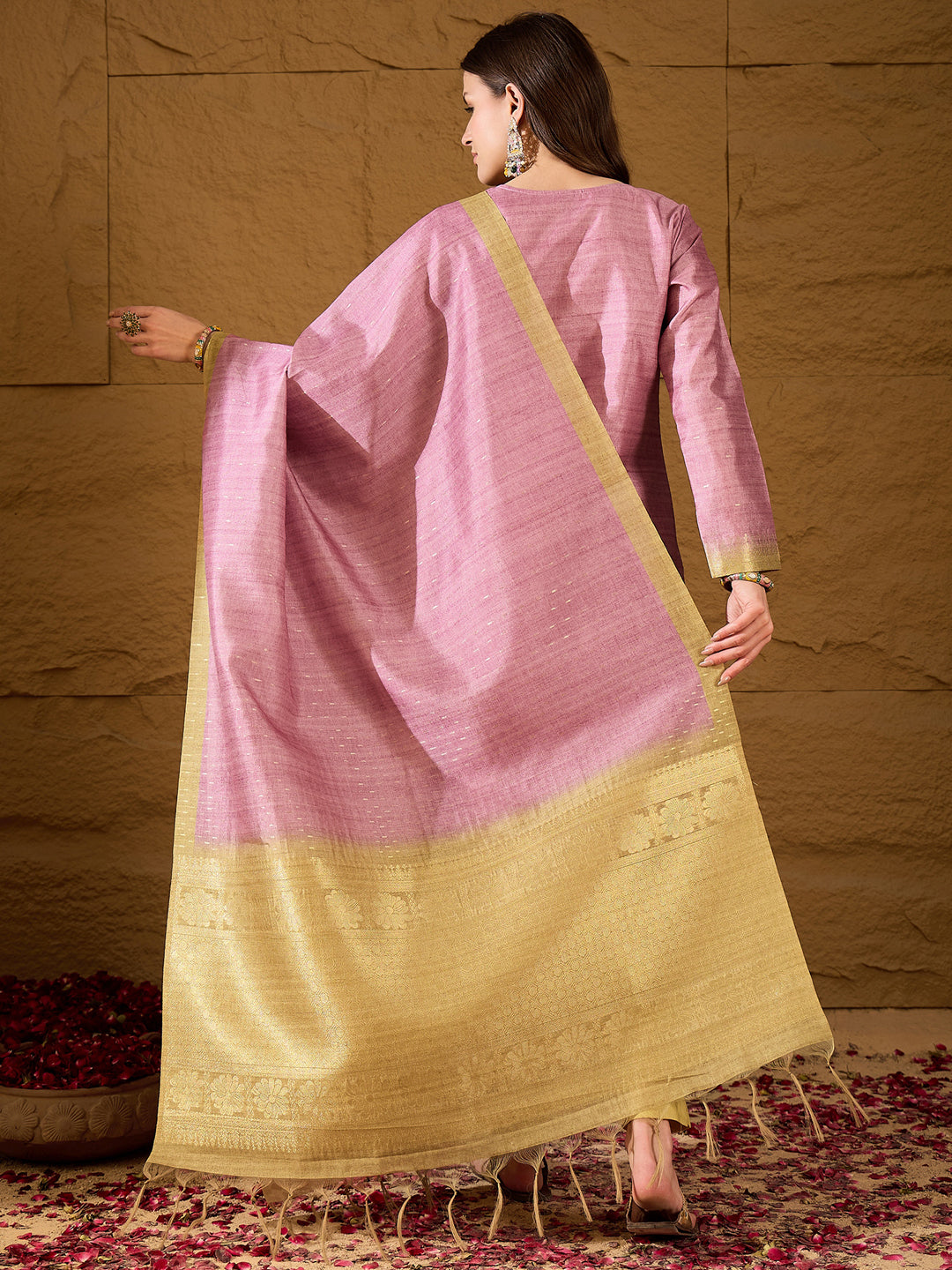 Women Pink Silk Blend Solid Woven Design Straight Kurta Trousers With Dupatta