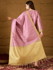 Women Pink Silk Blend Solid Woven Design Straight Kurta Trousers With Dupatta-SKSKD3025