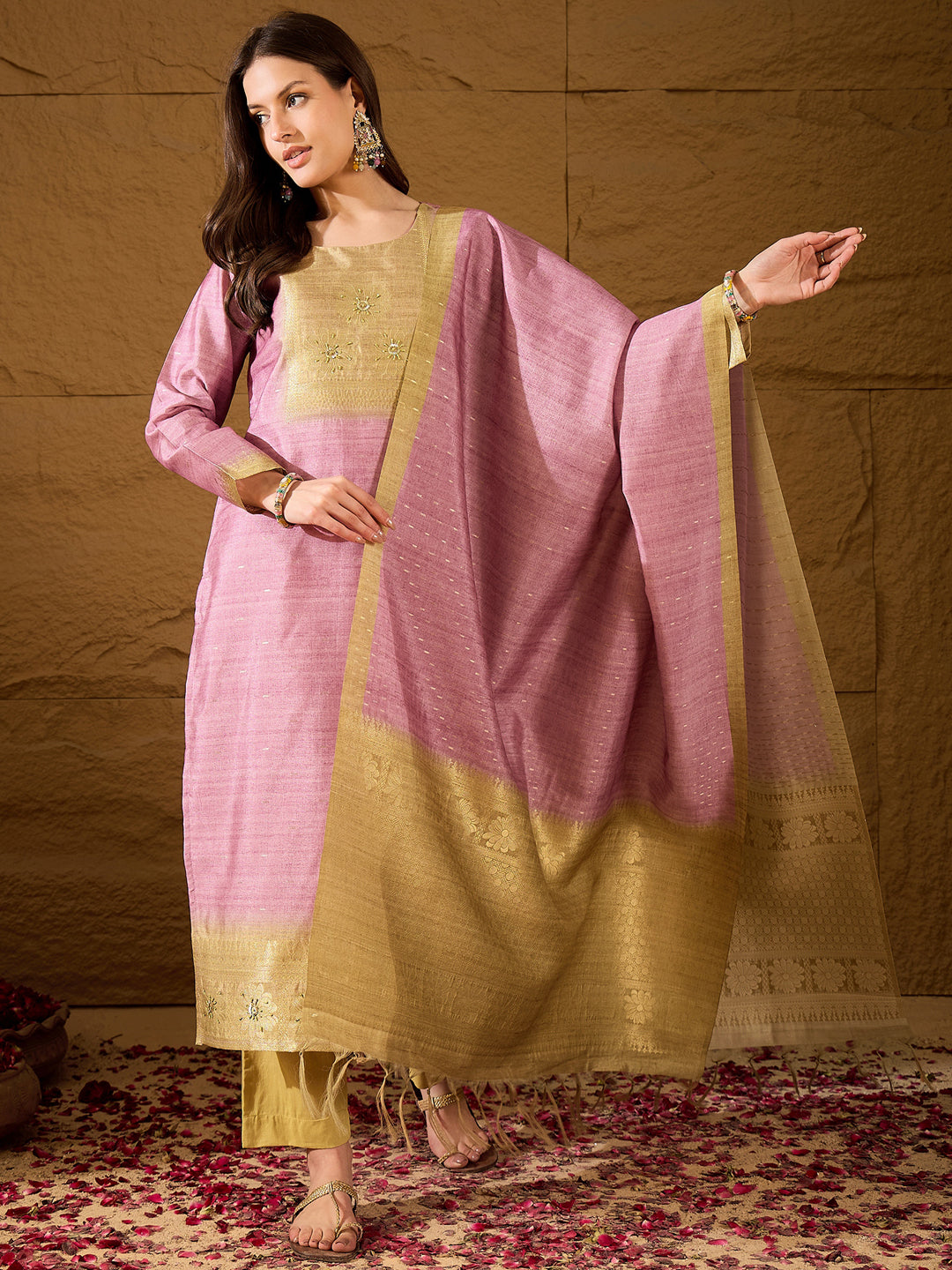 Women Pink Silk Blend Solid Woven Design Straight Kurta Trousers With Dupatta