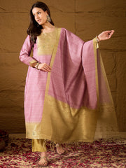 Women Pink Silk Blend Solid Woven Design Straight Kurta Trousers With Dupatta-SKSKD3025