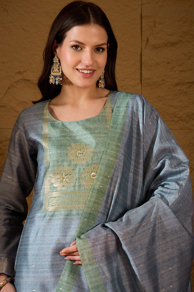 Blue Silk Blend Solid Woven Design Straight Kurta Trouser With Dupatta SKSKD3026