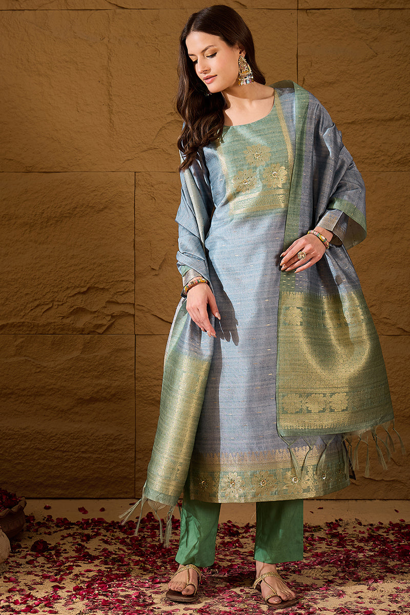 Blue Silk Blend Solid Woven Design Straight Kurta Trouser With Dupatta SKSKD3026