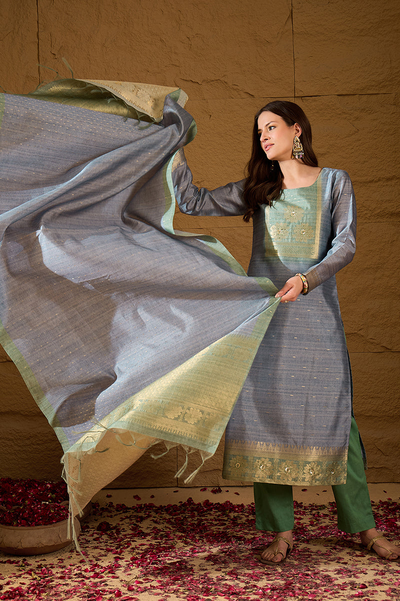 Blue Silk Blend Solid Woven Design Straight Kurta Trouser With Dupatta SKSKD3026