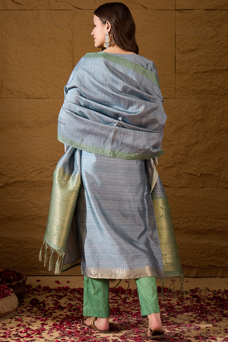 Blue Silk Blend Solid Woven Design Straight Kurta Trouser With Dupatta SKSKD3026