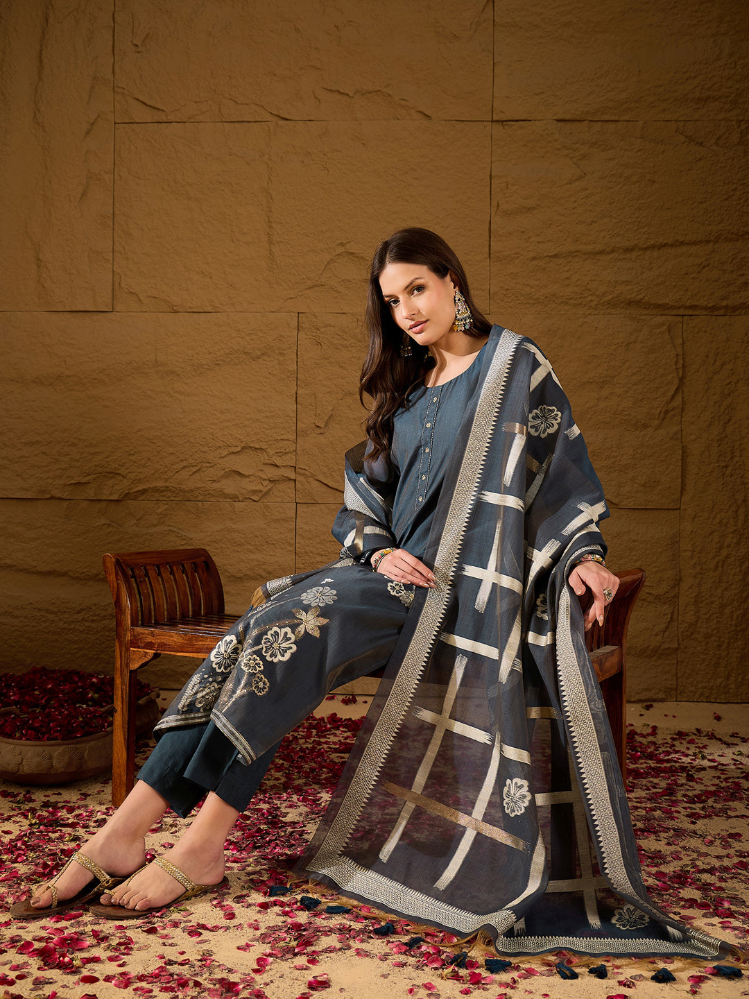 Women Yellow Chanderi Solid Woven Design Straight Kurta Trousers With Dupatta-SKSKD3028