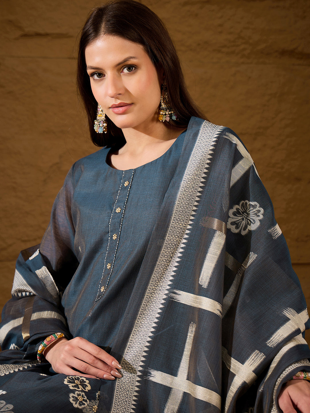 Women Yellow Chanderi Solid Woven Design Straight Kurta Trousers With Dupatta